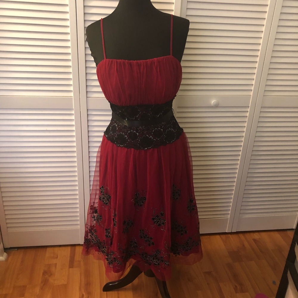 Red and black dress.